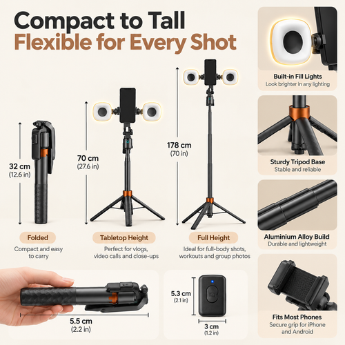 360° Smart Face-Tracking Tripod Stand with Fill Lights, Rechargeable